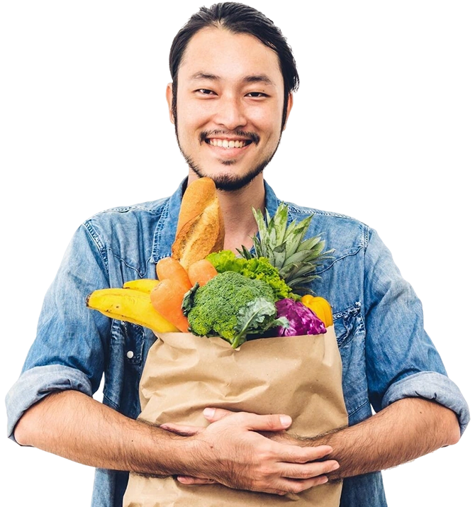 Portrait smiling man holding fruits vegetables